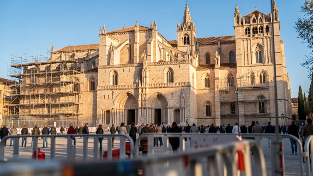 Fachada de la Mezquita-Catedral de Córdoba con obras de construcción cercanas.