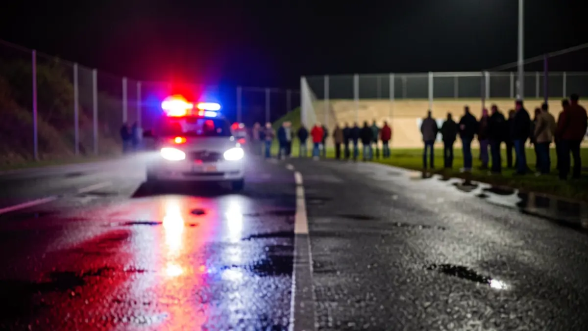 Imagen genérica de luces de emergencia reflejándose en asfalto mojado por la noche.