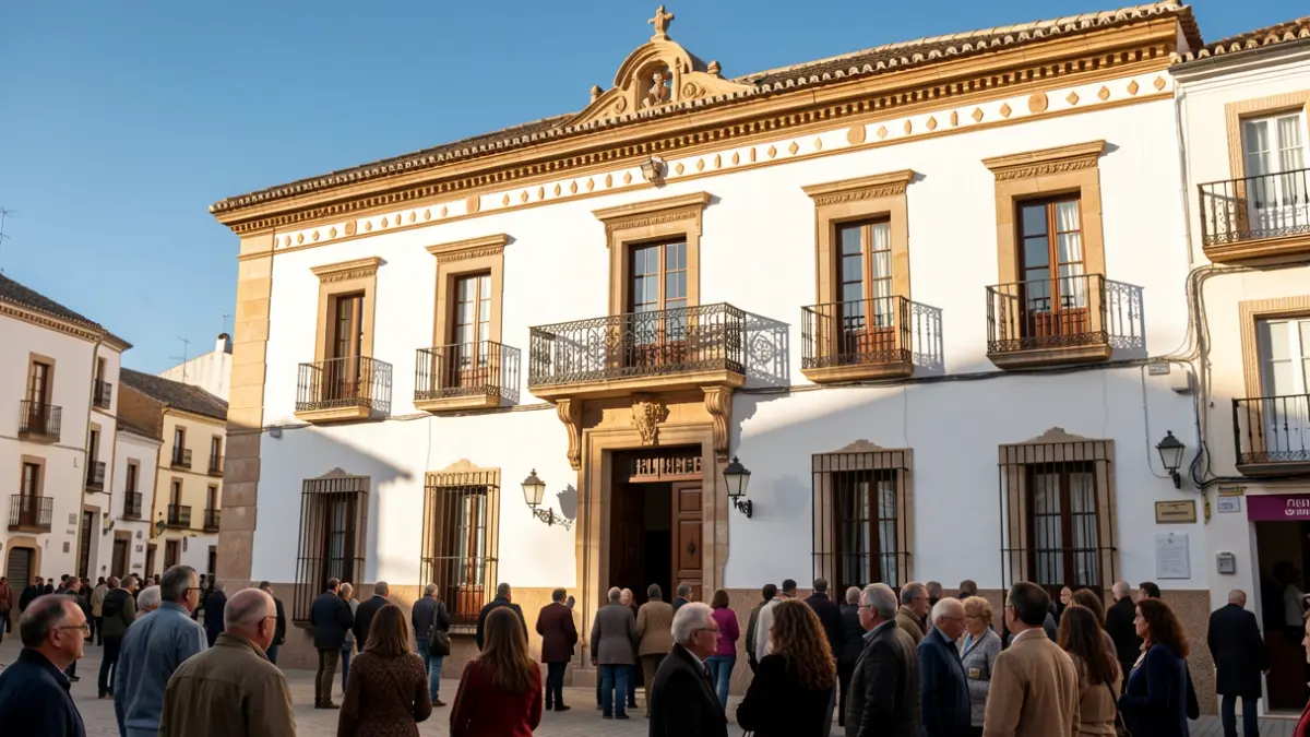 Facade of an Andalusian town hall with an iron balcony and white walls, under the afternoon sunlight.