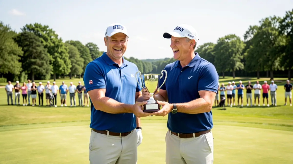 Imagen de dos golfistas celebrando su victoria en un campo de golf.