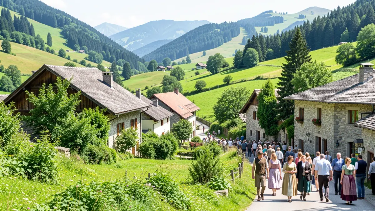 Imagen genérica de un pueblo pintoresco en un valle verde con casas de piedra.
