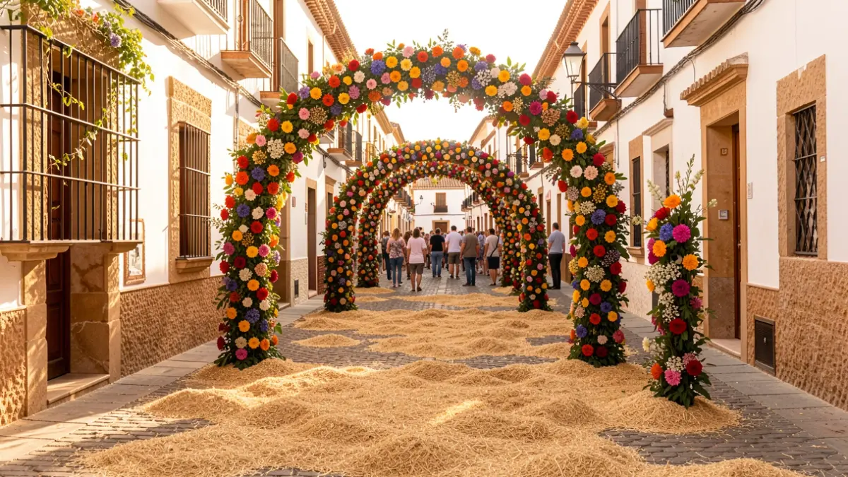 Streets of Hinojos decorated with floral arches and sawdust carpets for the Corpus Christi festival.