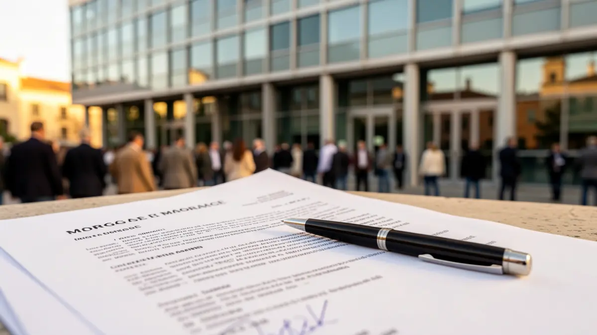 Generic image of a mortgage document with a pen and an office building in the background.