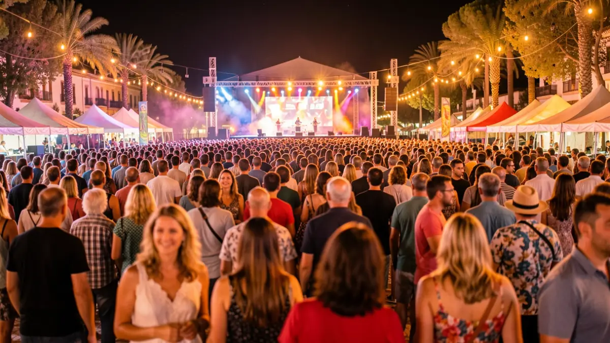Generic image of a nighttime music festival in Andalucía with lights and festive atmosphere.