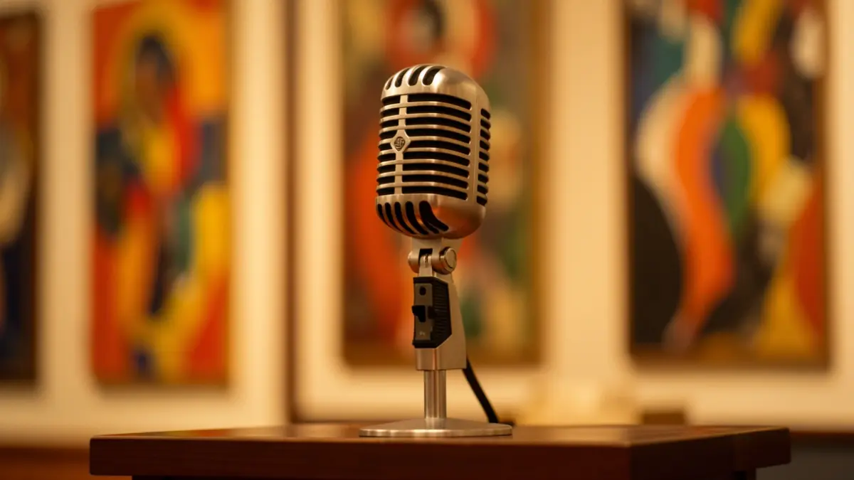 Generic image of an antique microphone on a podium with blurred abstract art pieces in the background.