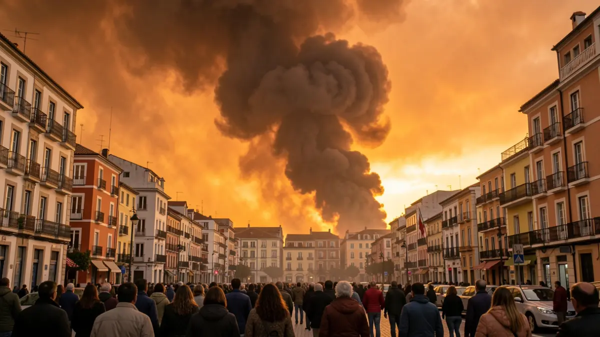 Imagen de una gran columna de humo cubriendo el cielo de Huelva.
