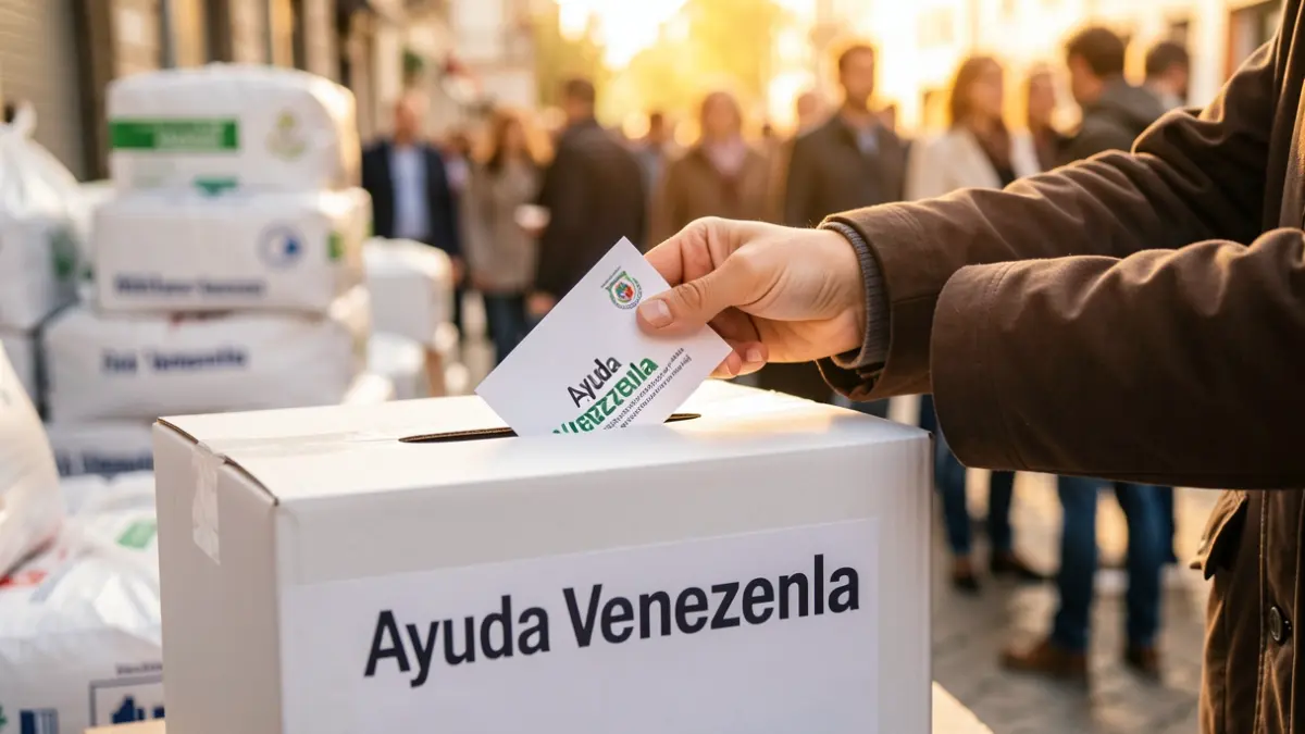 Close-up of a hand placing a donation into a box for aid to Venezuela.
