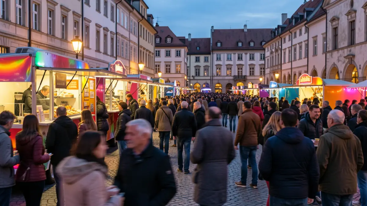 Generic image of a food truck festival at dusk.