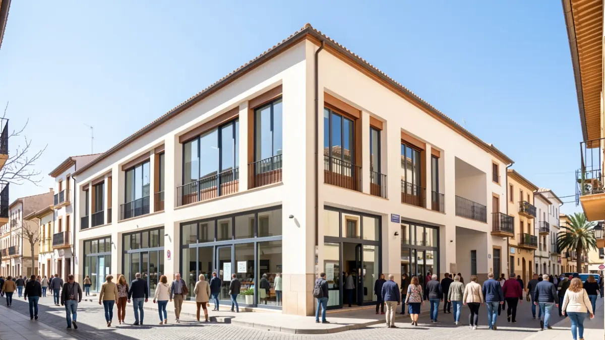 Exterior facade of a renovated public market in an Andalusian municipality, with modern elements and sunlight.