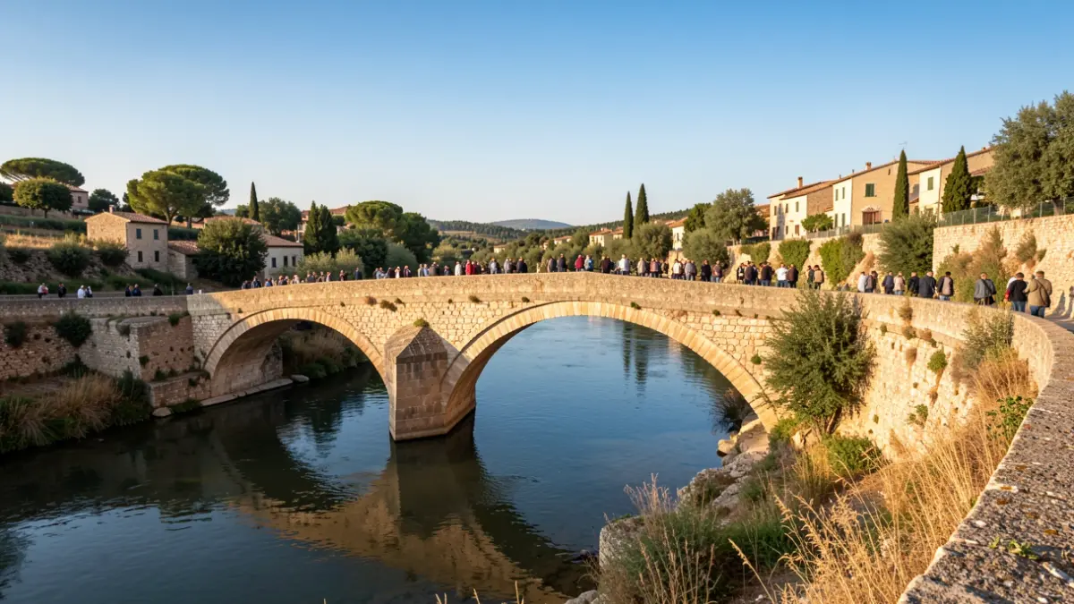 Imagen de un puente sobre un río en un entorno mediterráneo.