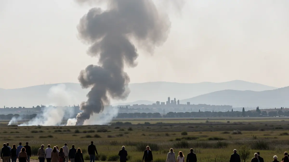Imagen genérica de una columna de humo de un incendio extendiéndose hacia una ciudad.