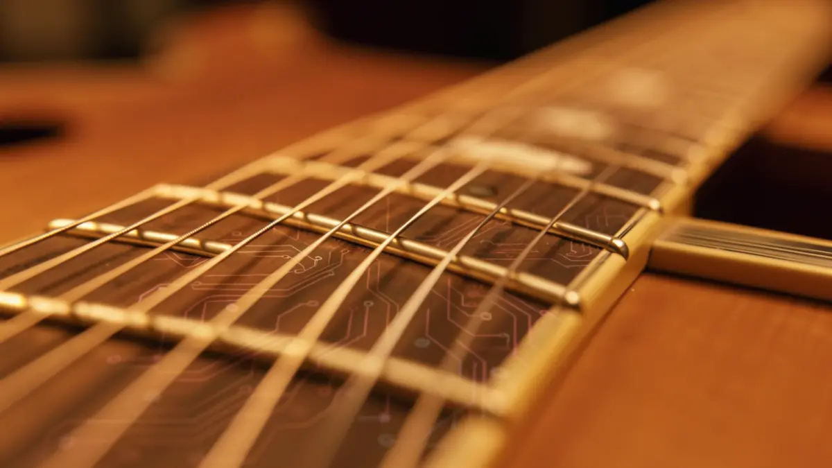 Imagen de primer plano de un diapasón de guitarra con sutiles patrones de circuitos electrónicos superpuestos.