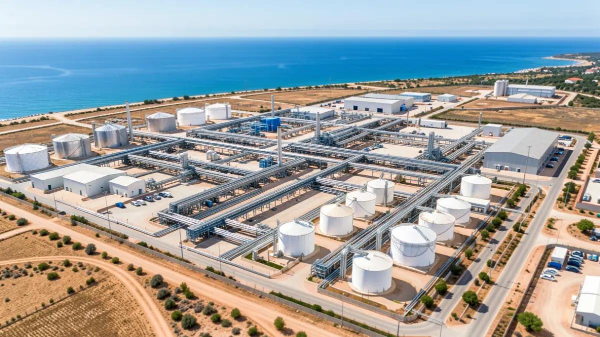 Vista aérea de un complejo industrial en la costa de Andalucía con el mar de fondo.