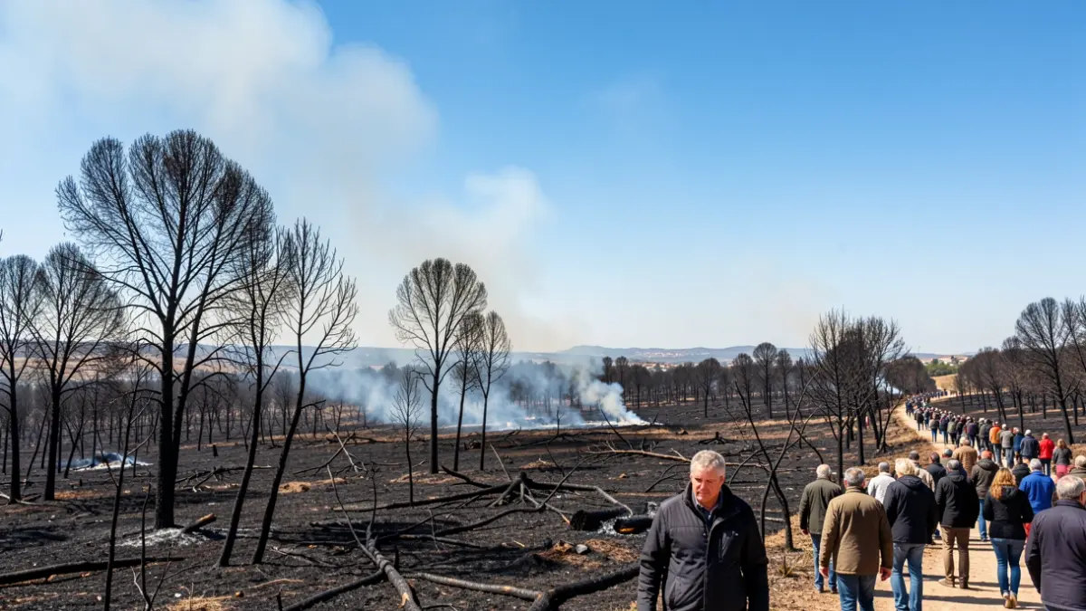 Devastated landscape after a wildfire in El Andévalo, Huelva, with scorched earth and blackened trees.
