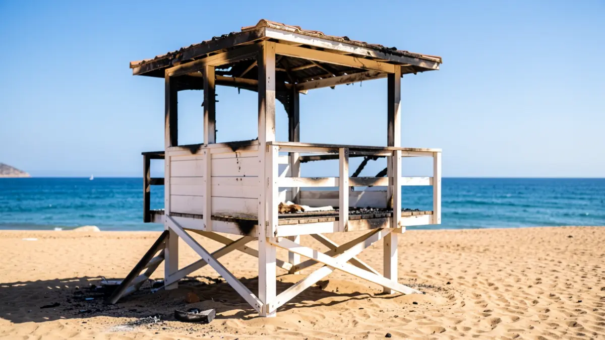 Image of a lifeguard tower damaged by fire on Victoria Beach in Cádiz.