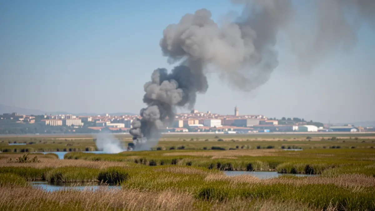 Imagen genérica de humo de incendio sobre marismas y la ciudad de Huelva.