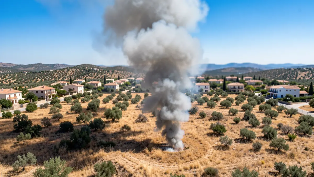 Imagen genérica de una columna de humo de un incendio de pastos cerca de viviendas en Andalucía.
