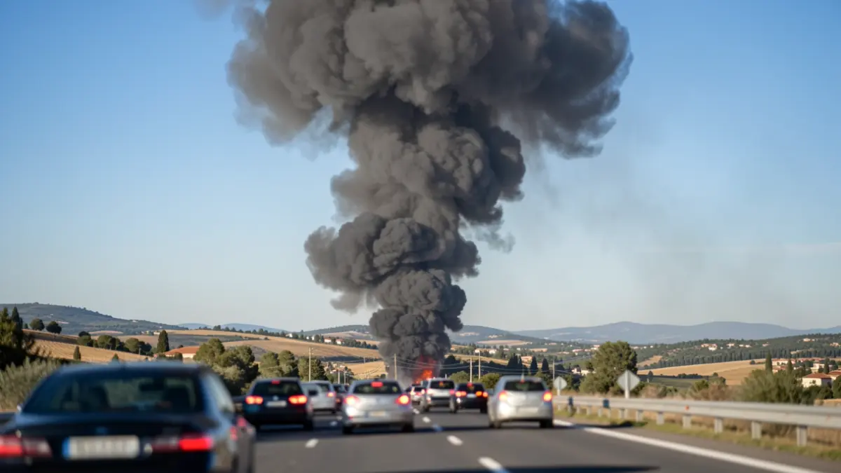Imagen genérica de una gran columna de humo negro elevándose sobre una autopista.