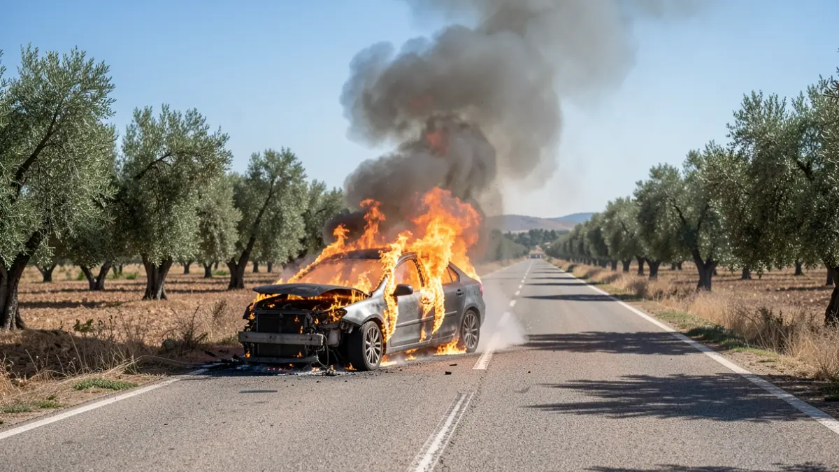 Imagen de un coche en llamas en el arcén de una carretera andaluza, con humo elevándose hacia el cielo y olivos alrededor.
