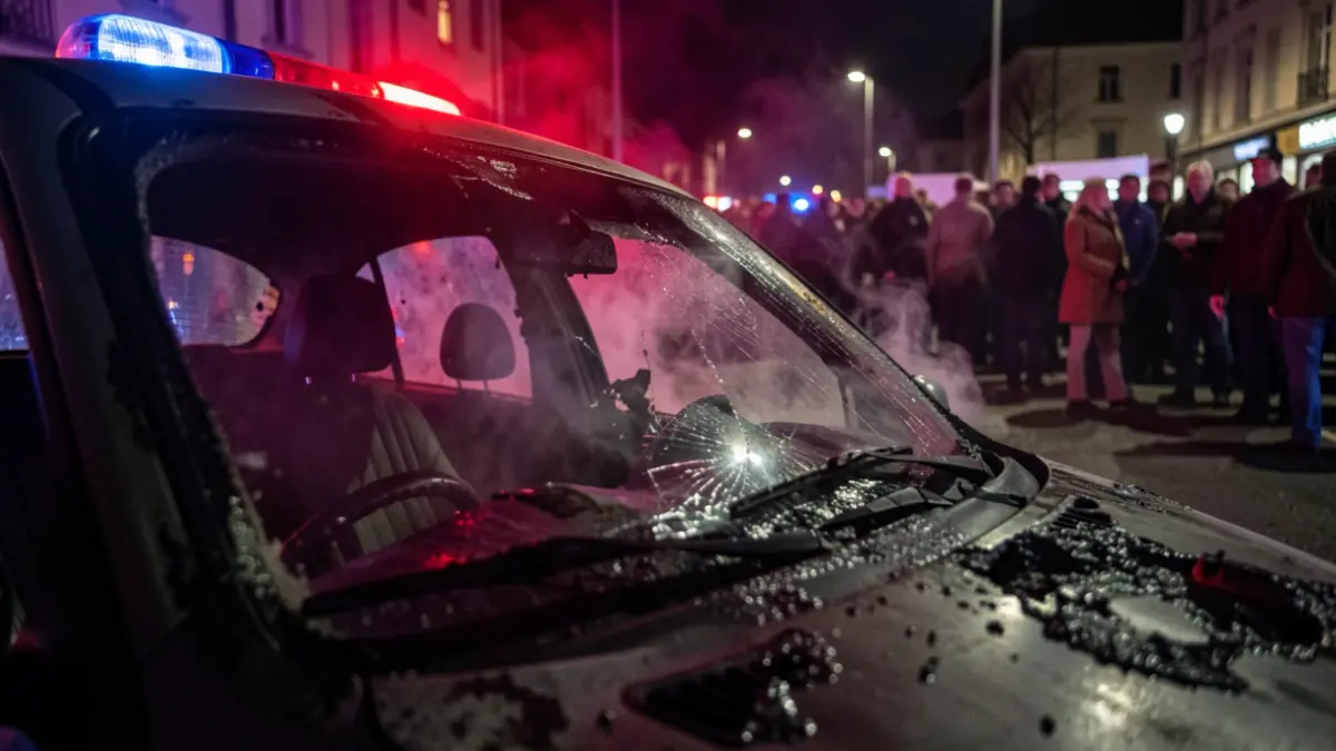 Interior of a burnt-out car with emergency lights reflected.