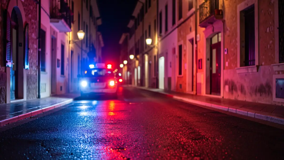 Generic image of police emergency lights reflecting on wet asphalt at night.