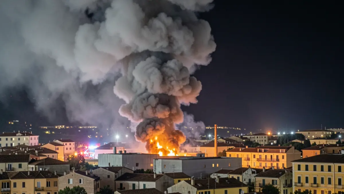 Imagen de un gran incendio nocturno en un polígono industrial de Algeciras, con columnas de humo y llamas.