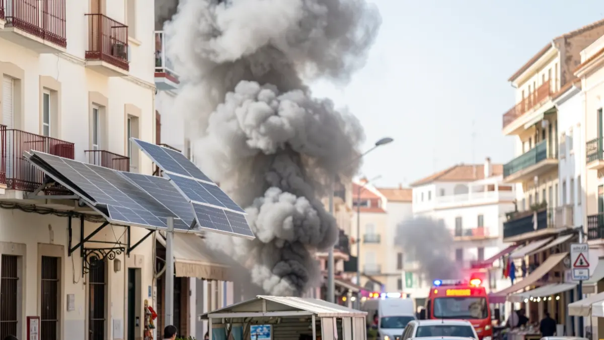Imagen de una densa columna de humo saliendo de un solar junto a un mercado en Algeciras.