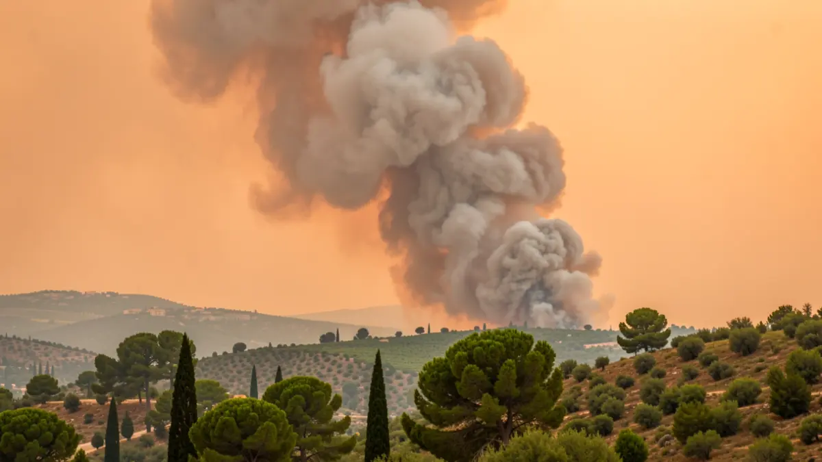 Generic image of a column of smoke from a wildfire over a Mediterranean landscape.