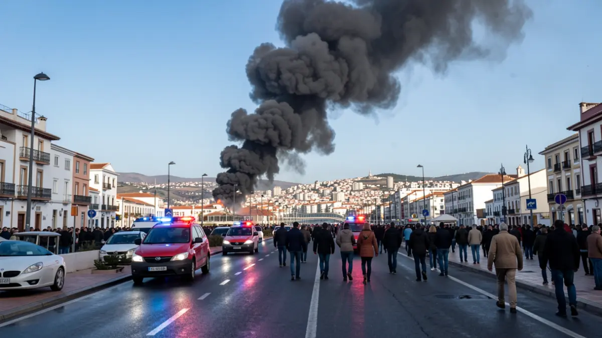 Image of a large column of black smoke visible over the city of Huelva.