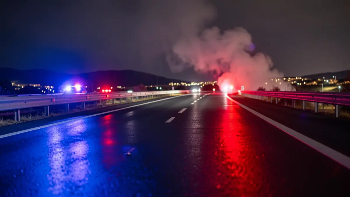 Generic image of emergency lights reflecting on wet highway asphalt at night, with smoke in the median.