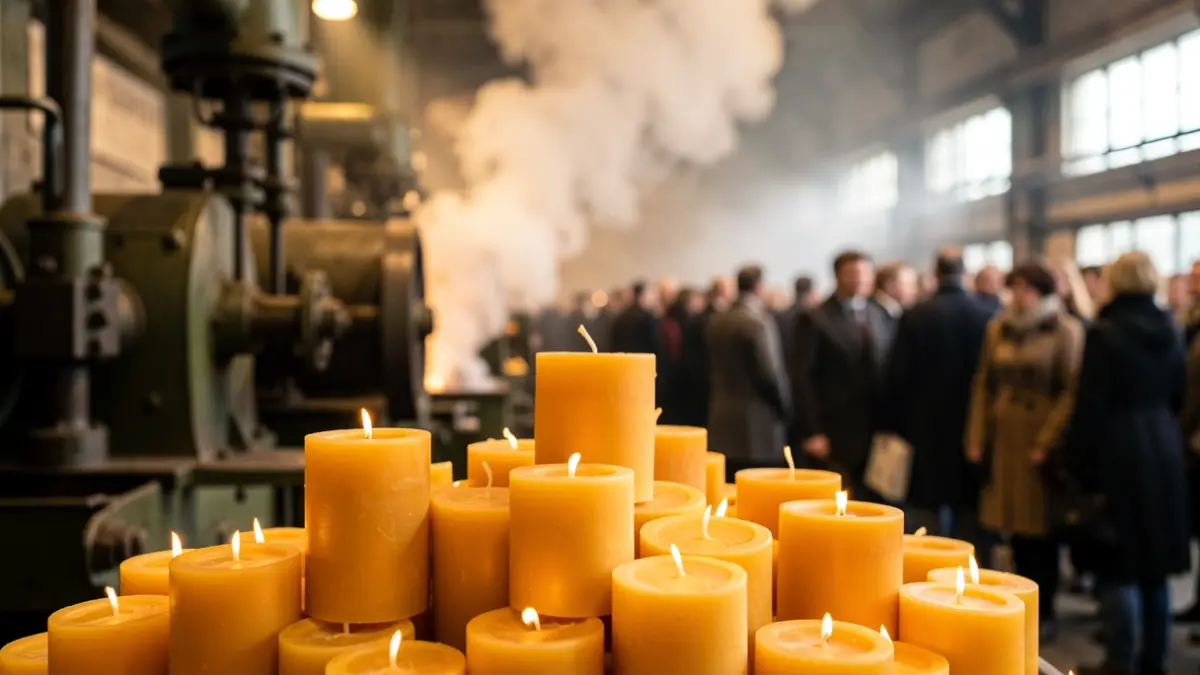 Imagen de velas de cera con maquinaria industrial y humo al fondo.