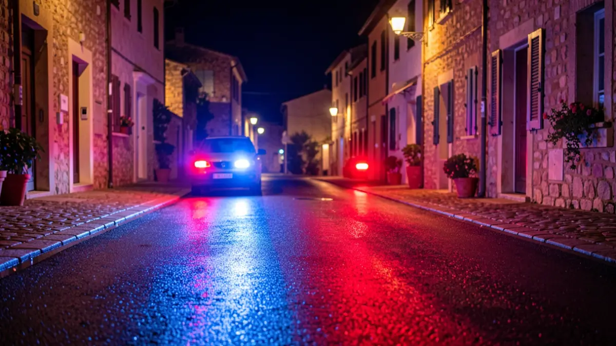 Generic image of police emergency lights reflecting on wet asphalt at night.