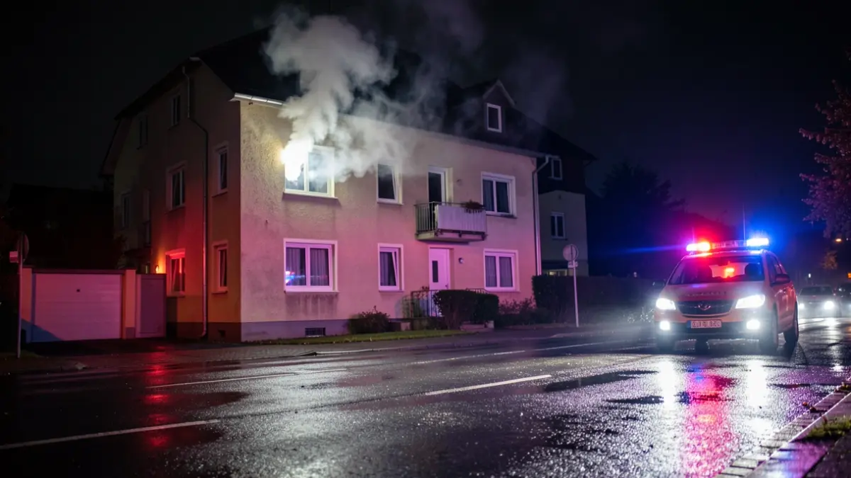 Generic image of an apartment building fire at night with emergency lights.