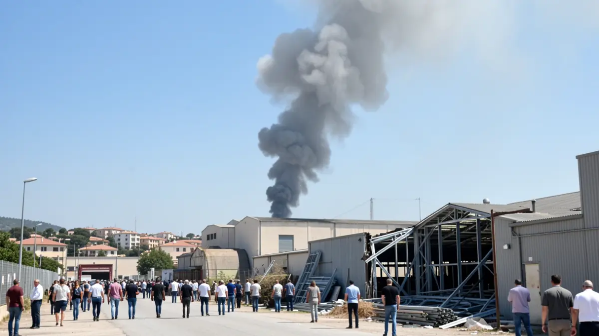 Image of a column of grey smoke rising over an industrial area in Cádiz, with a metal carpentry workshop partially damaged by fire.