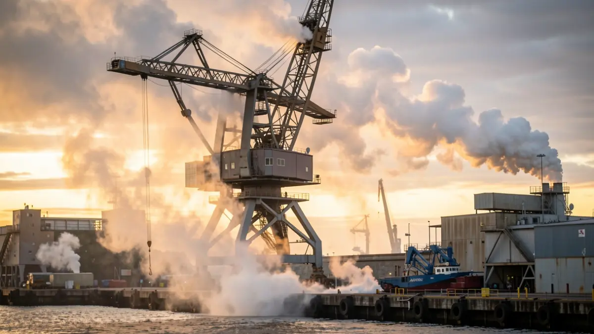Generic image of an industrial crane at a dockside with smoke billowing from its machinery.