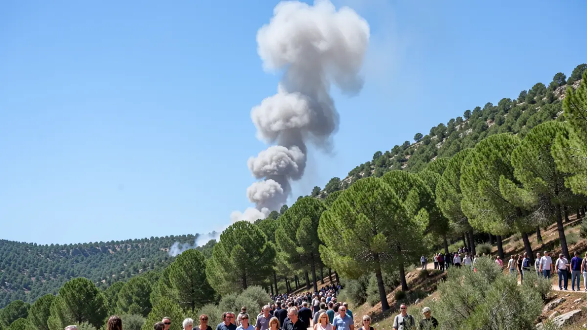 Image of a smoke column rising over a pine forest hillside in Sierra Morena, Andalusia, under bright sunlight.