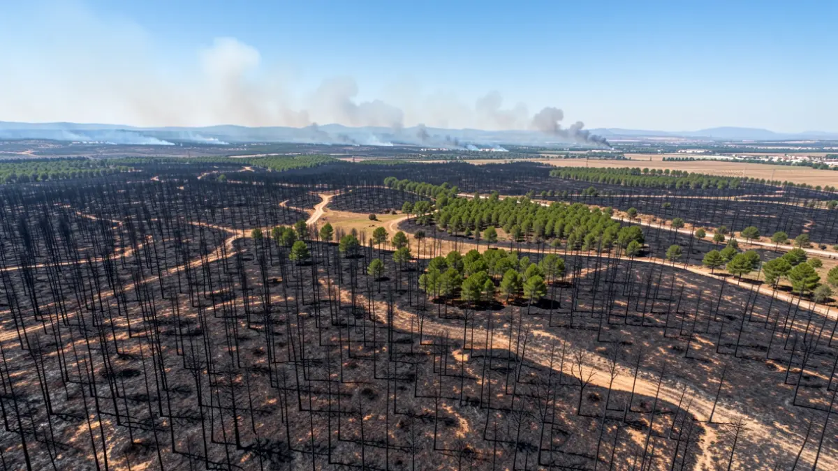 Aerial view of a landscape devastated by fire in Andalucía, with burnt areas and smoke.