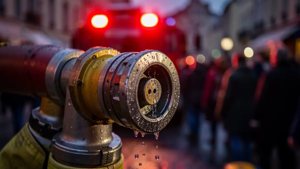 Primer plano de una manguera de bomberos con luces de emergencia borrosas al fondo.