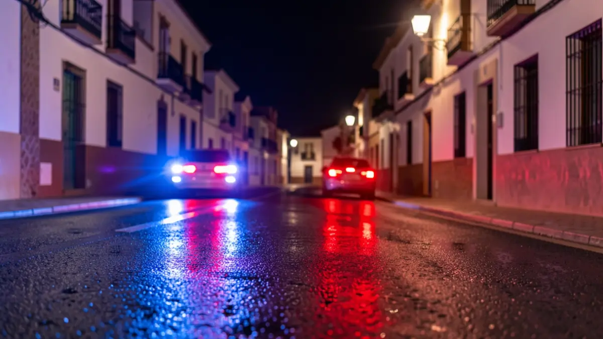 Imagen genérica de luces de emergencia policiales reflejándose en el asfalto mojado por la noche.