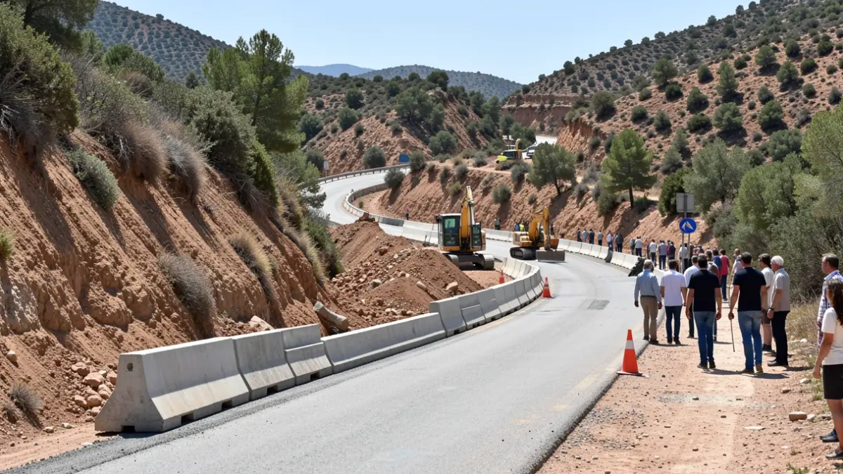 Image of repair work on a mountain road in Andalusia, with concrete barriers to stabilize a hillside.