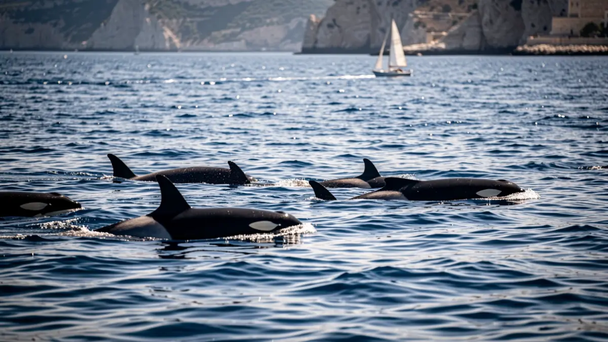 Orcas nadando en el Estrecho de Gibraltar con un velero al fondo.