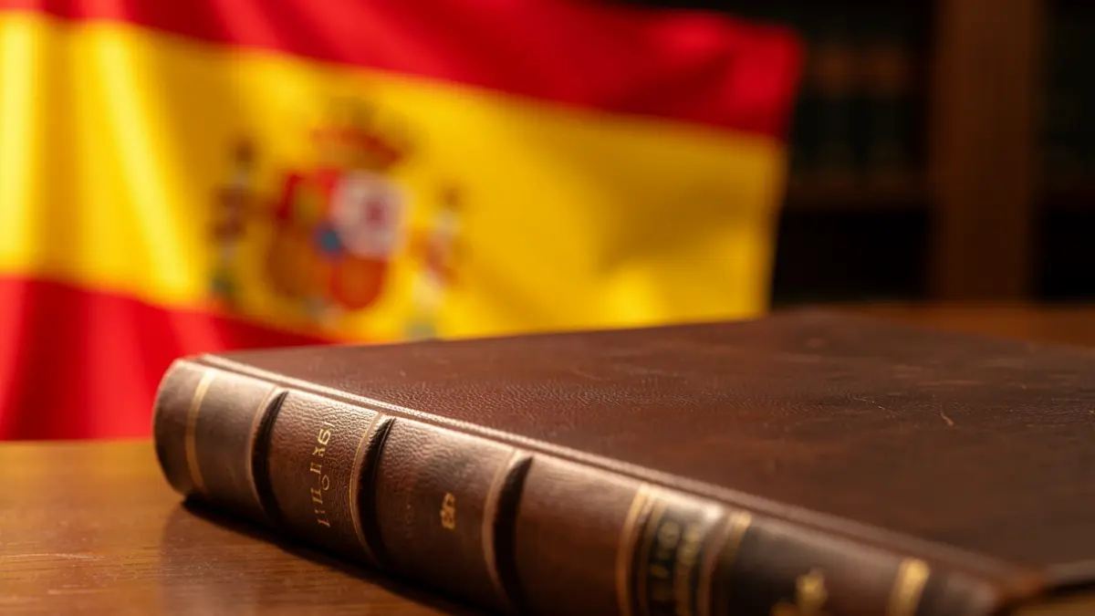 Generic image of a law book with a blurred Spanish flag in the background.