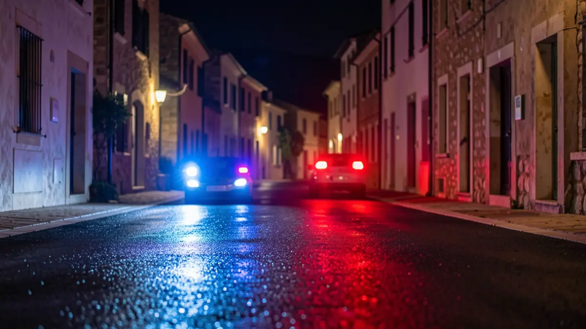 Imagen genérica de luces de emergencia policiales reflejadas en el asfalto durante la noche.