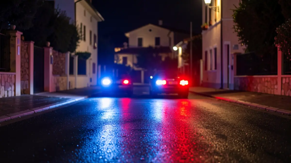 Generic image of police emergency lights reflecting on wet asphalt at night.
