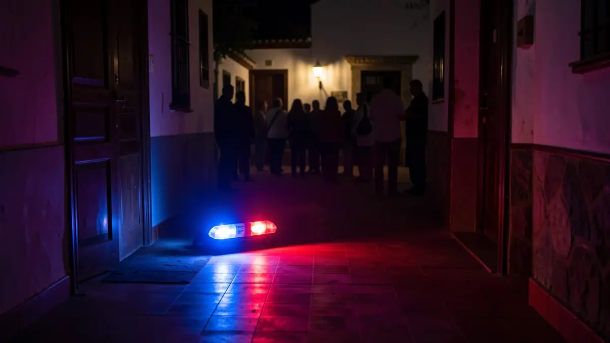 Imagen genérica de luces de emergencia policiales reflejándose en el suelo de una casa por la noche.