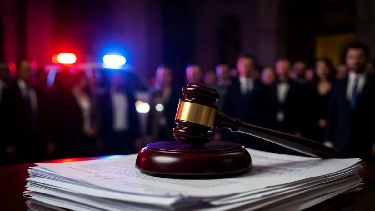 Generic image of a judge's gavel on legal documents with emergency lights in the background.