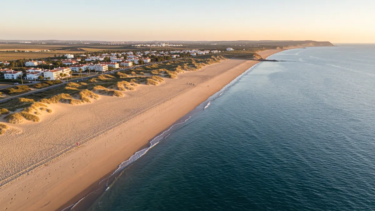 Aerial view of a wide sandy beach bathed by the Atlantic in the Huelva coast, with the town of Isla Cristina in the background.