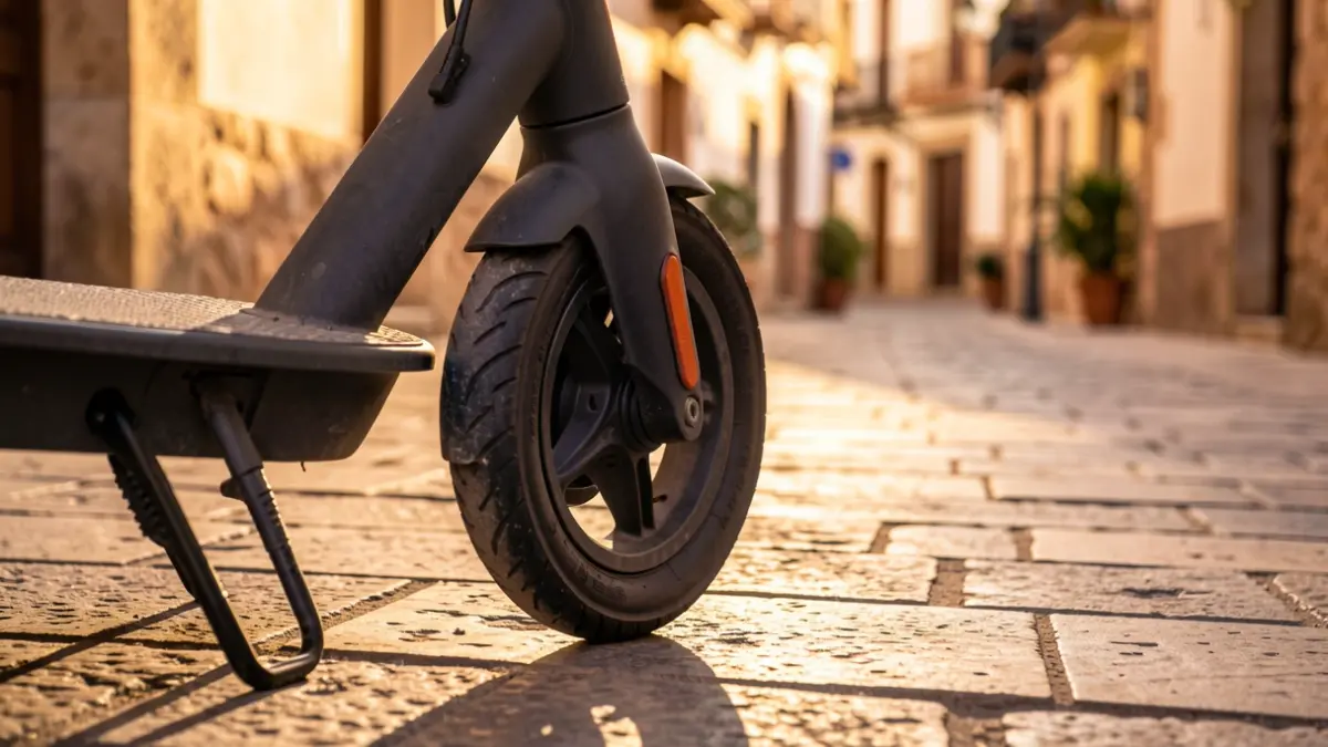 Close-up of an electric scooter wheel parked on a stone-paved sidewalk in Jaén, with Andalusian architecture in the background.