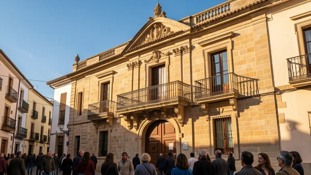 Facade of an Andalusian town hall with a balcony and iron railings, warm afternoon light.