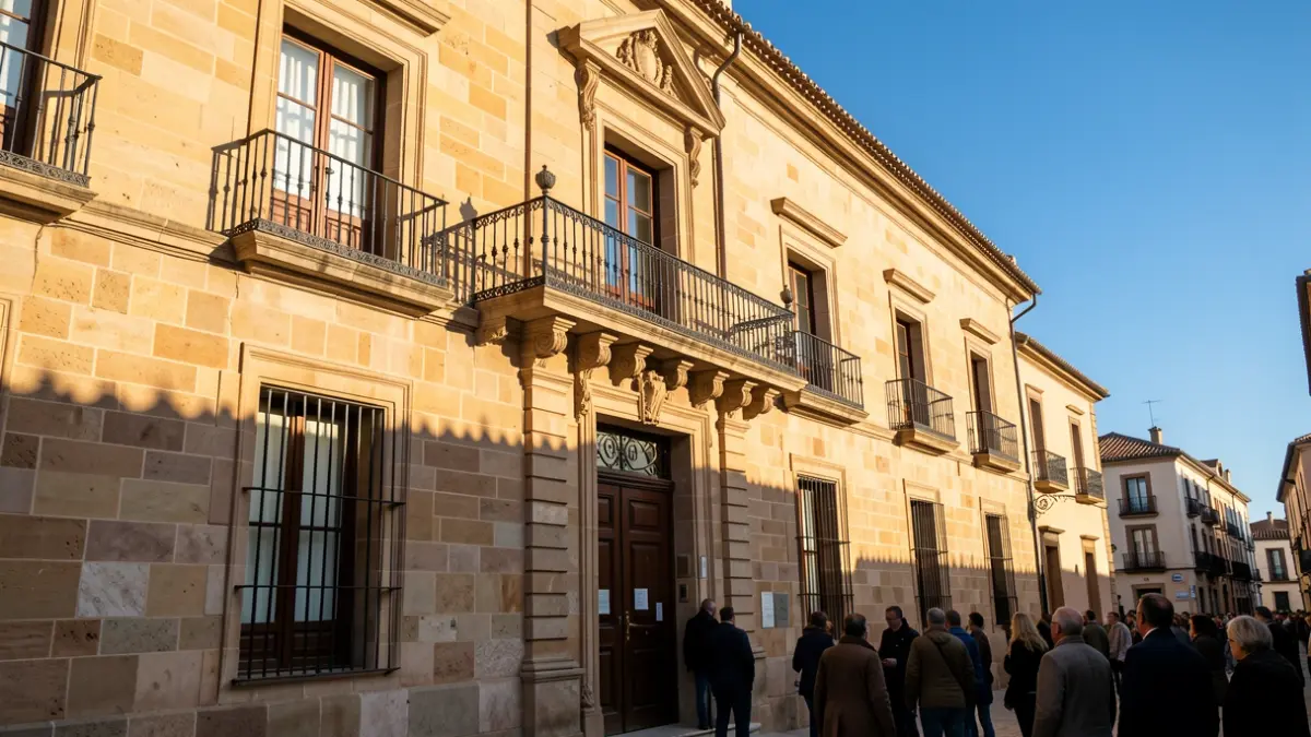 Fachada de un ayuntamiento andaluz con balcón ornamentado y barandillas de hierro, luz cálida de la tarde.